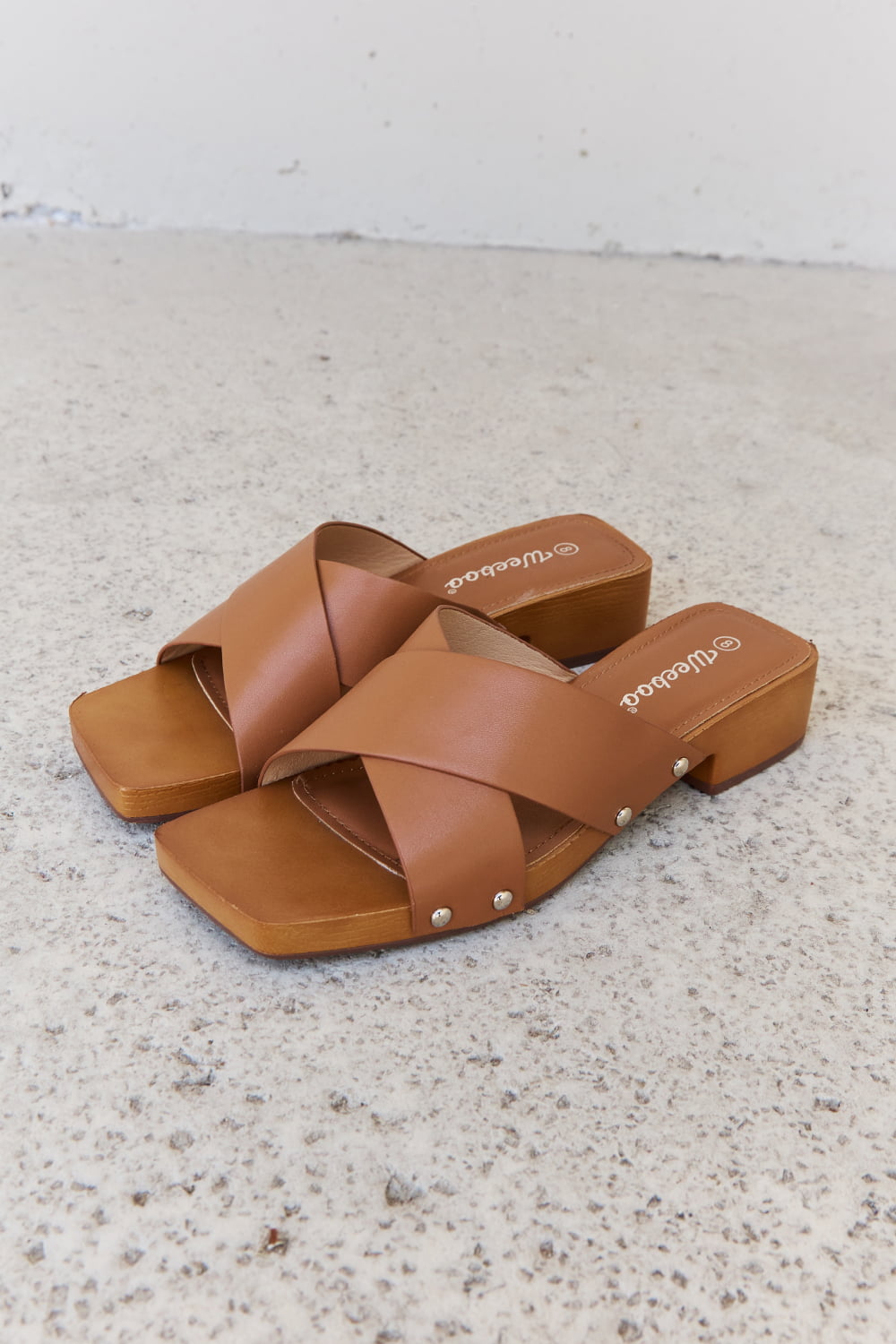 Step Into Summer Criss Cross Wooden Clog Mule in Brown
